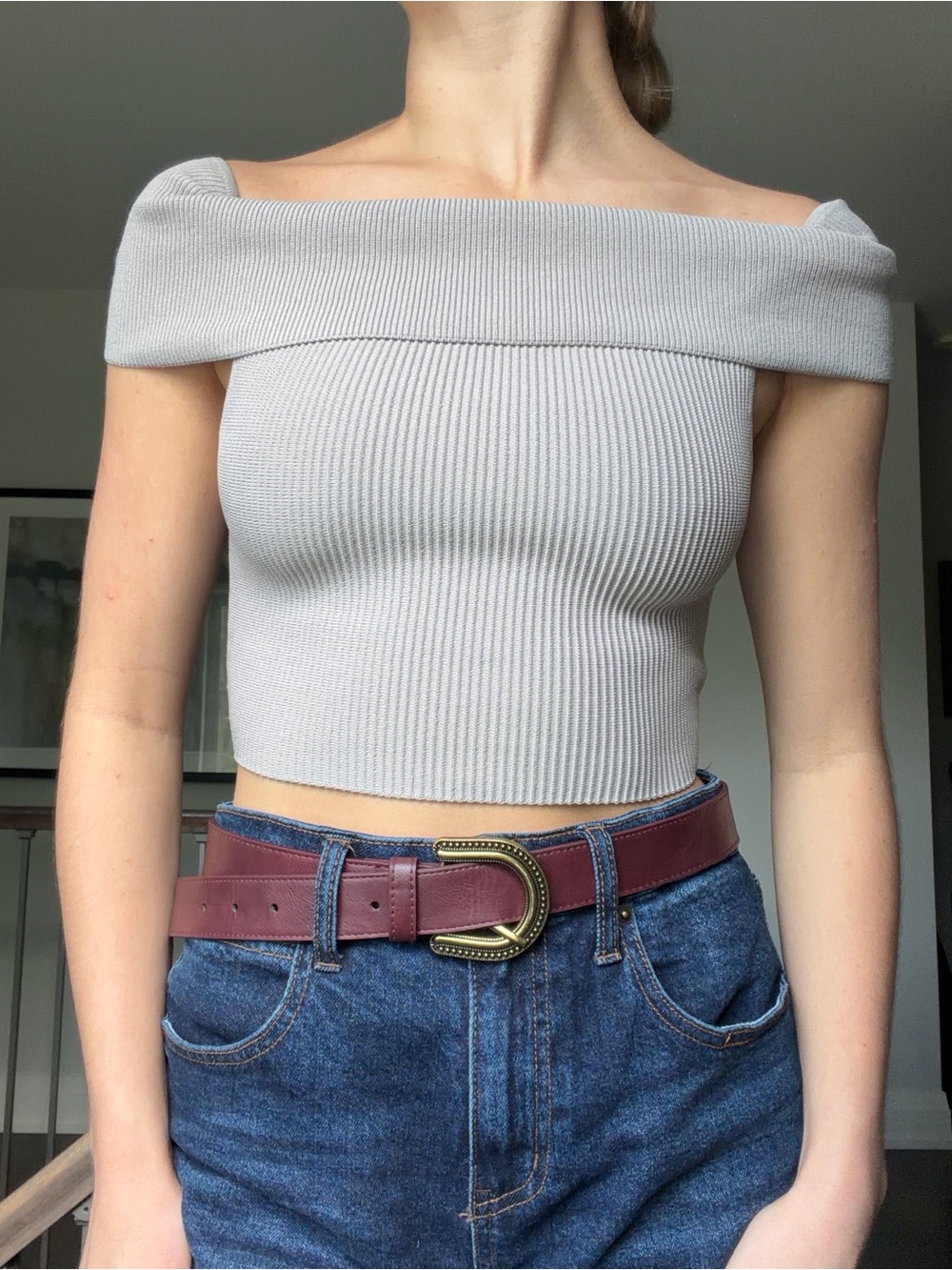 Babaton Off-Shoulder Ribbed Crop Top in Light Gray